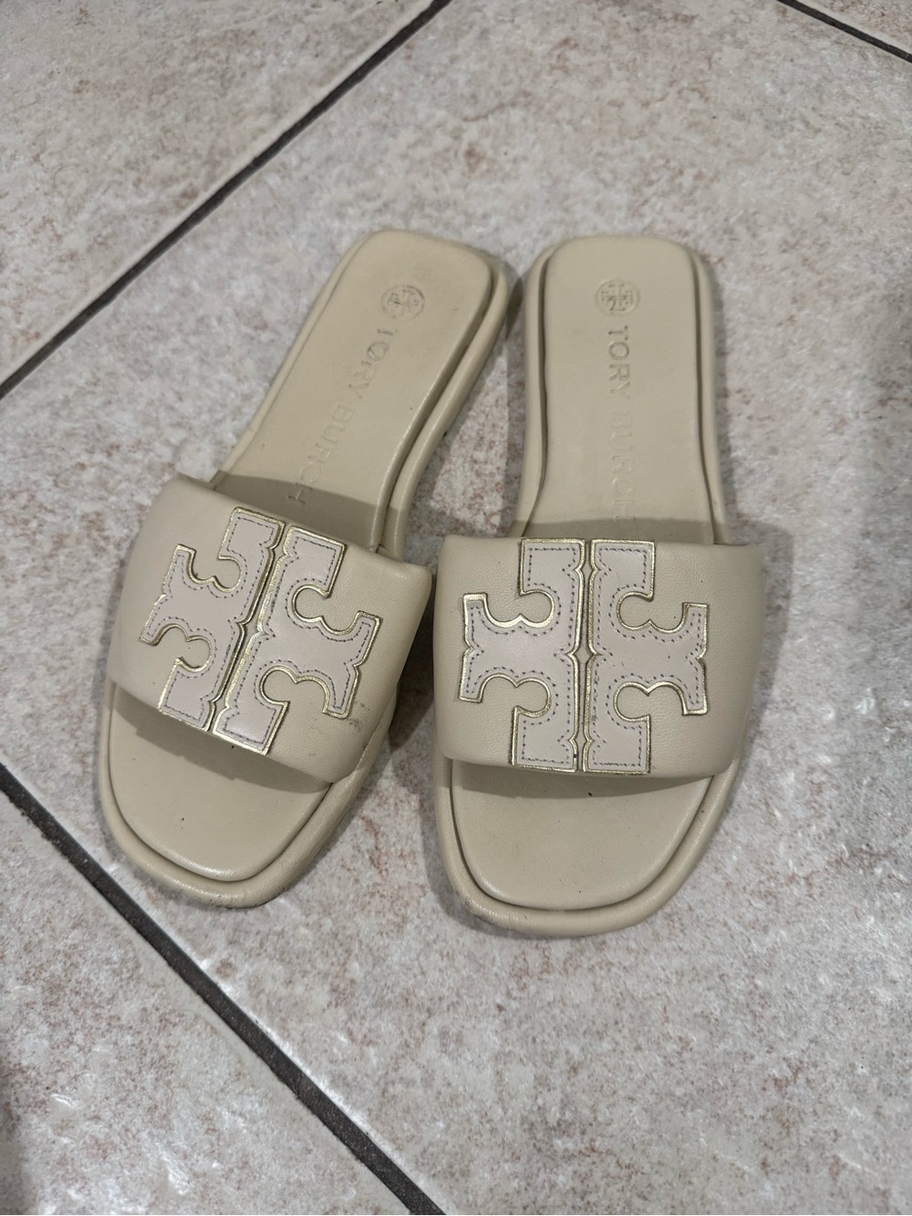 Tory Burch Double T Leather Slide Sandals Cream/Ivory Women’s 6.5 Excellent